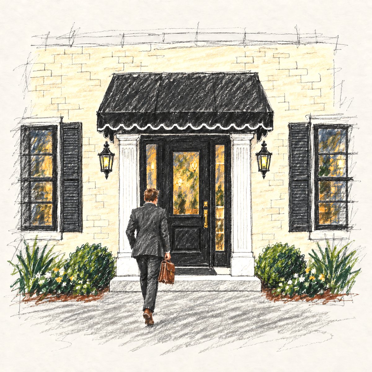 Hand-drawn illustration of the office's front door: a black door under a scalloped awning between white columns, with lanterns, shuttered windows and a visitor arriving with a briefcase.